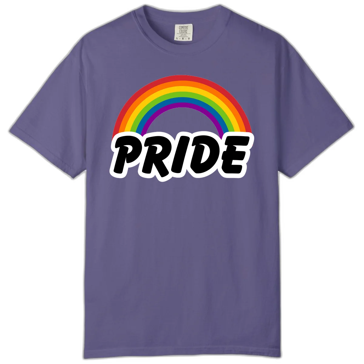 Colorful rainbow arc above bold black 'PRIDE' text with white outline on gray background in Grape