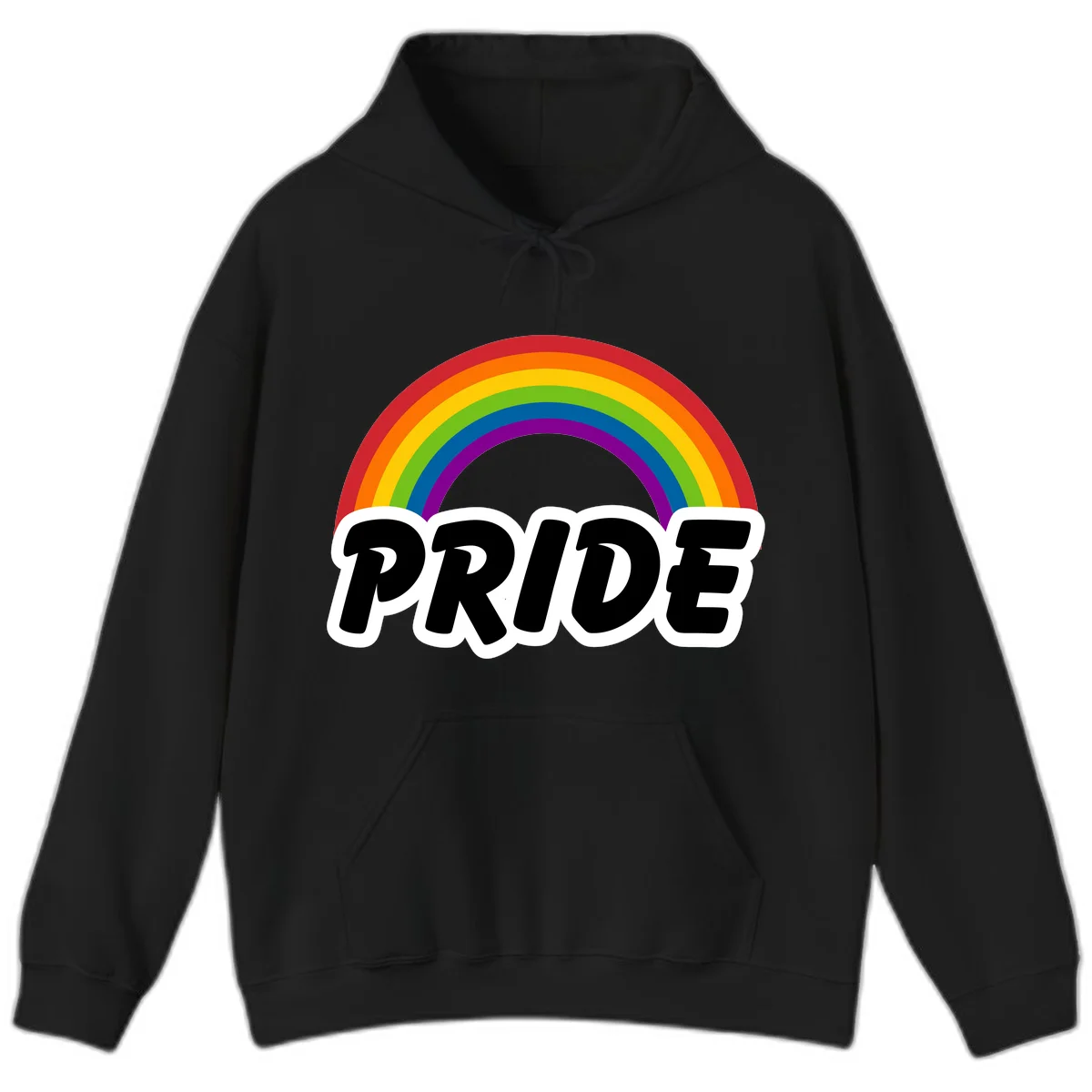 Colorful rainbow arc above bold black 'PRIDE' text with white outline on gray background in Black