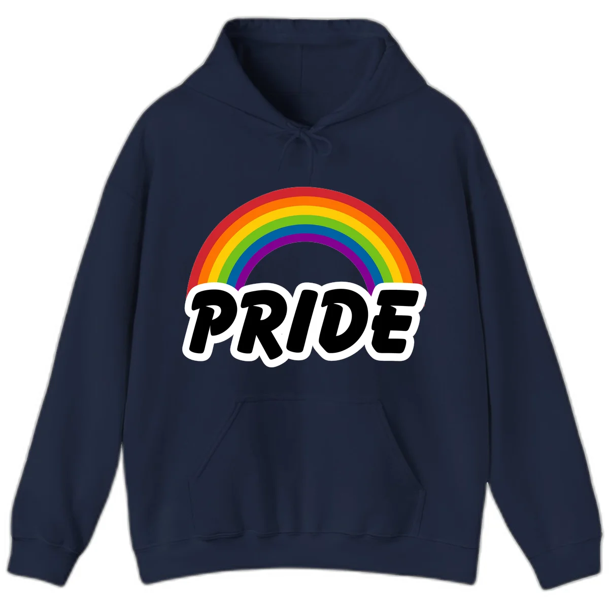 Colorful rainbow arc above bold black 'PRIDE' text with white outline on gray background in Navy