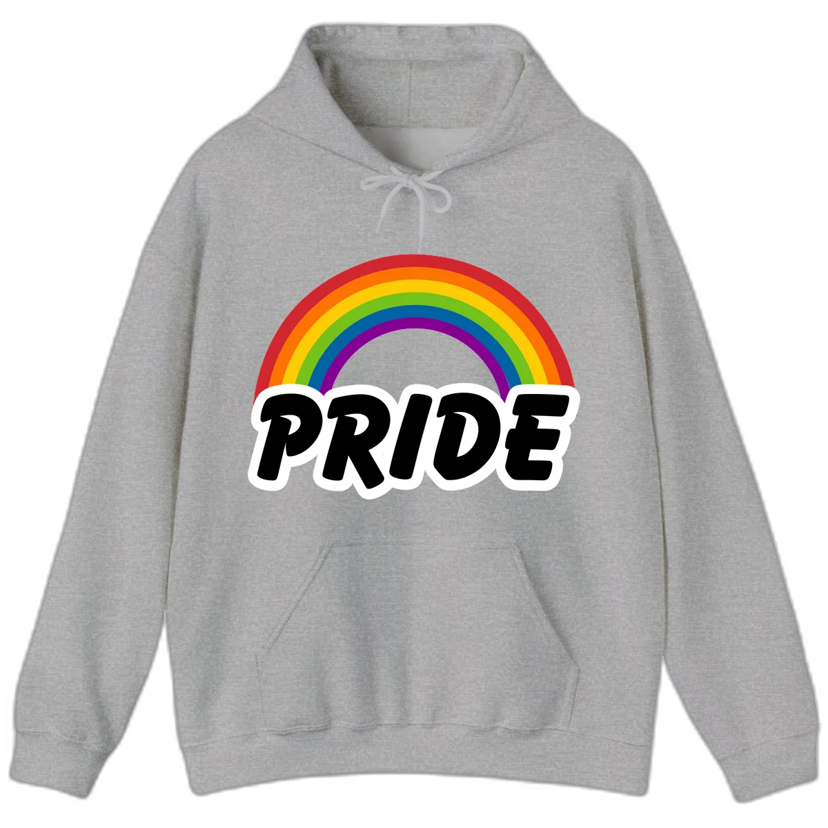 Colorful rainbow arc above bold black 'PRIDE' text with white outline on gray background in Sport Grey