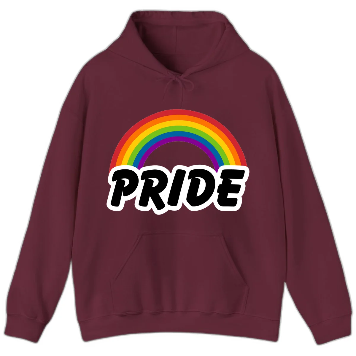 Colorful rainbow arc above bold black 'PRIDE' text with white outline on gray background in Maroon