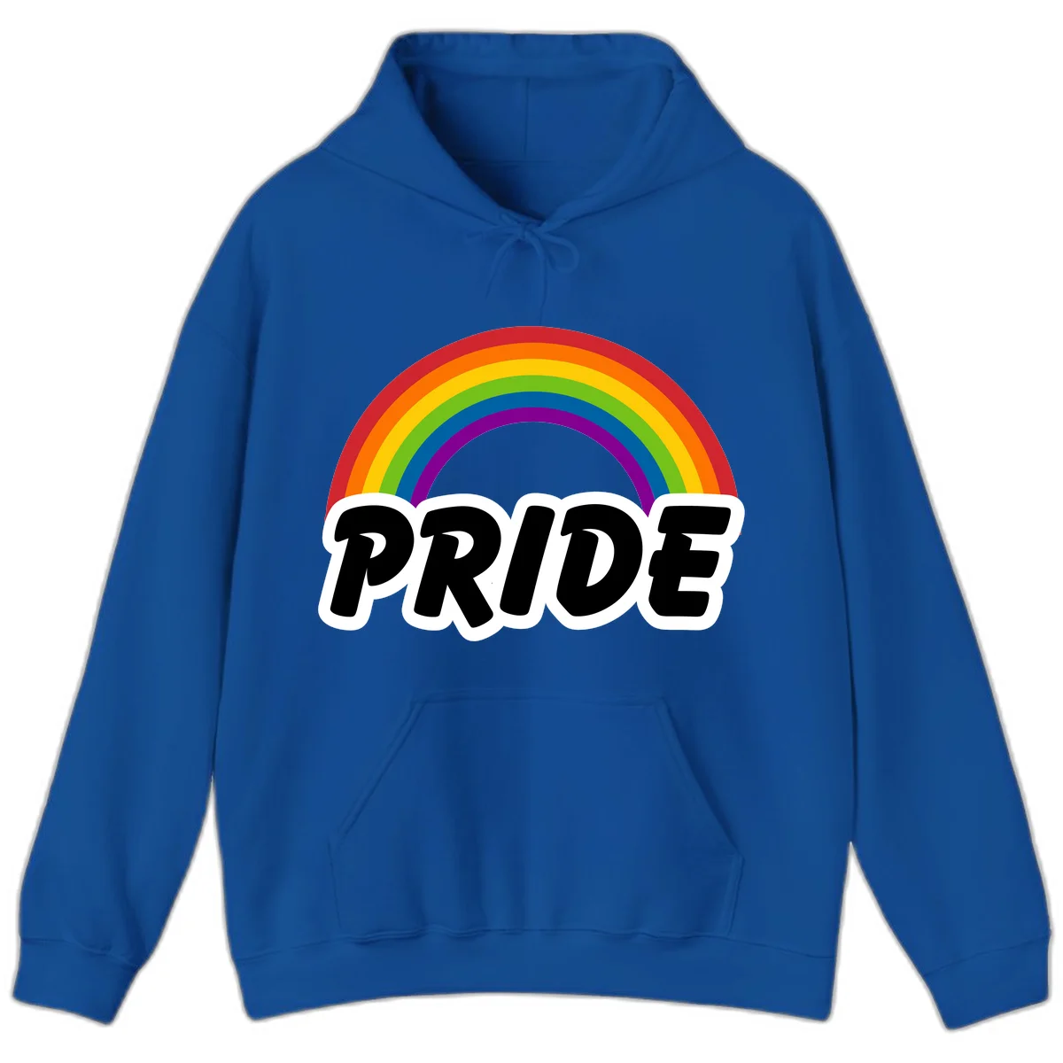 Colorful rainbow arc above bold black 'PRIDE' text with white outline on gray background in Royal