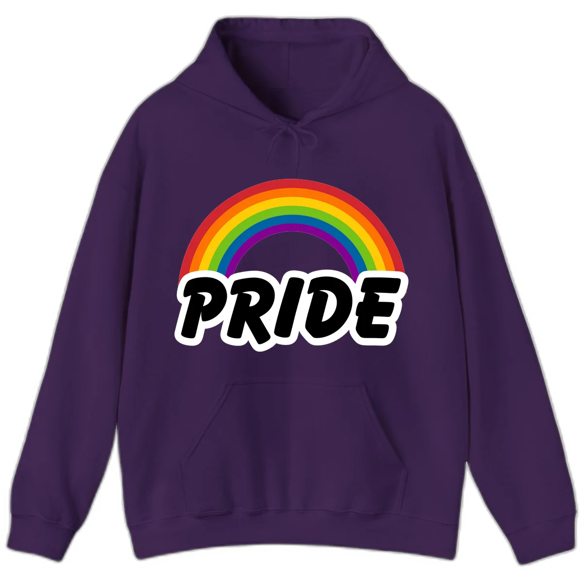 Colorful rainbow arc above bold black 'PRIDE' text with white outline on gray background in Purple