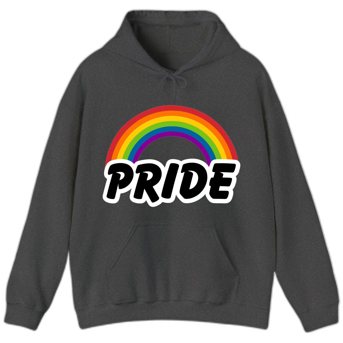 Colorful rainbow arc above bold black 'PRIDE' text with white outline on gray background in Dark Heather