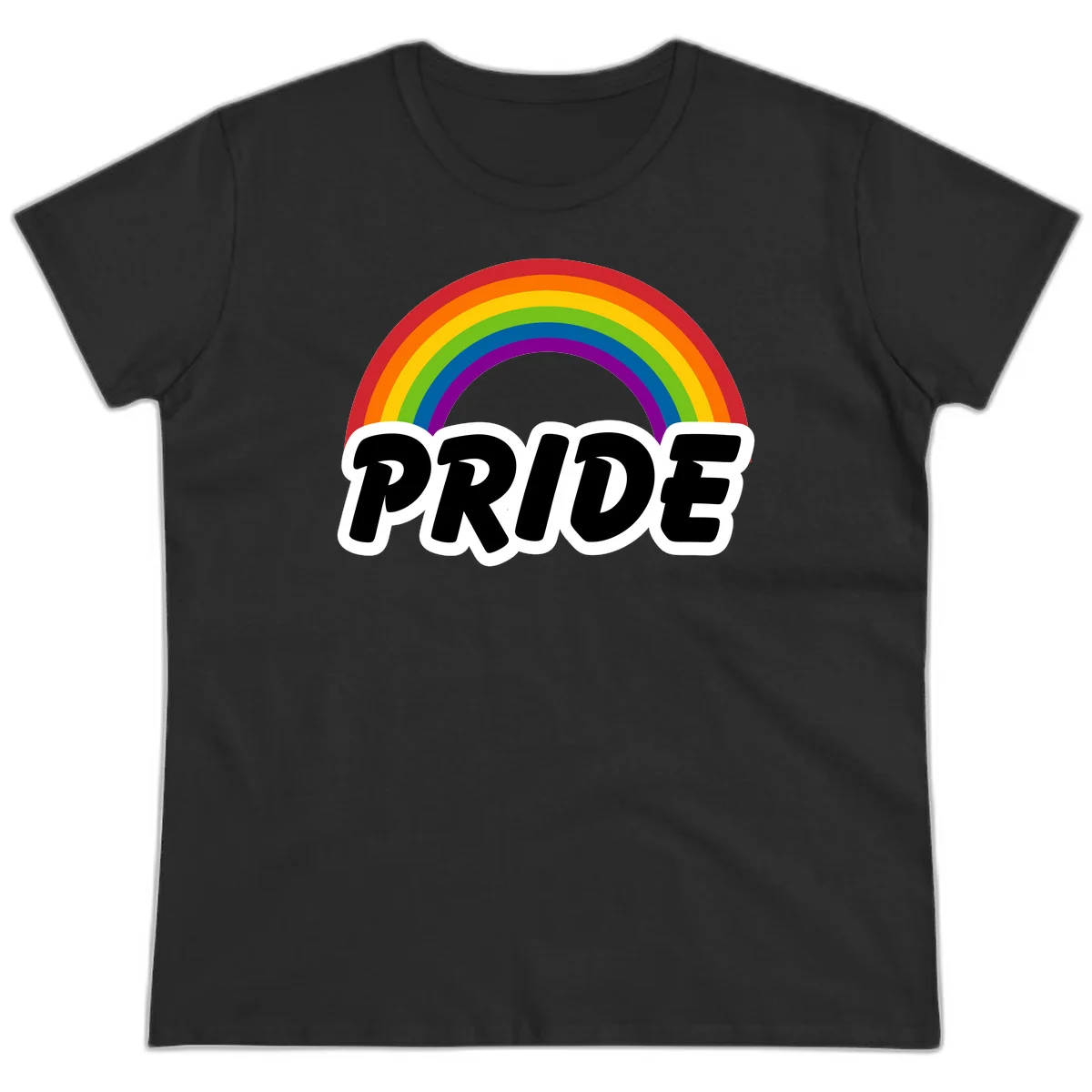 Colorful rainbow arc above bold black 'PRIDE' text with white outline on gray background in Black