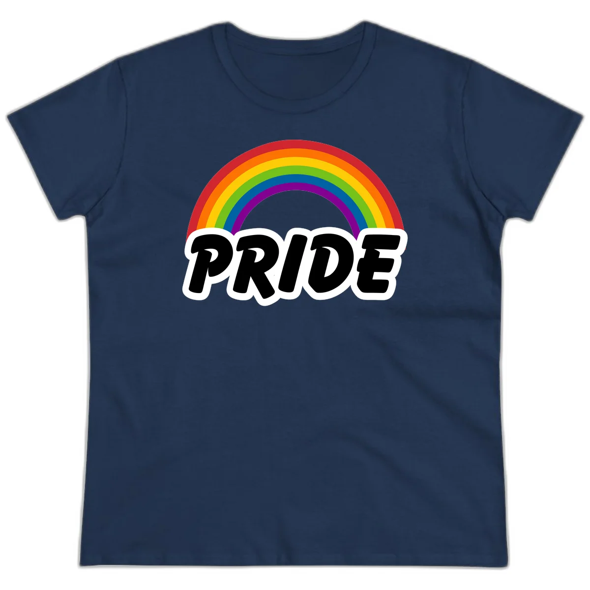 Colorful rainbow arc above bold black 'PRIDE' text with white outline on gray background in Navy