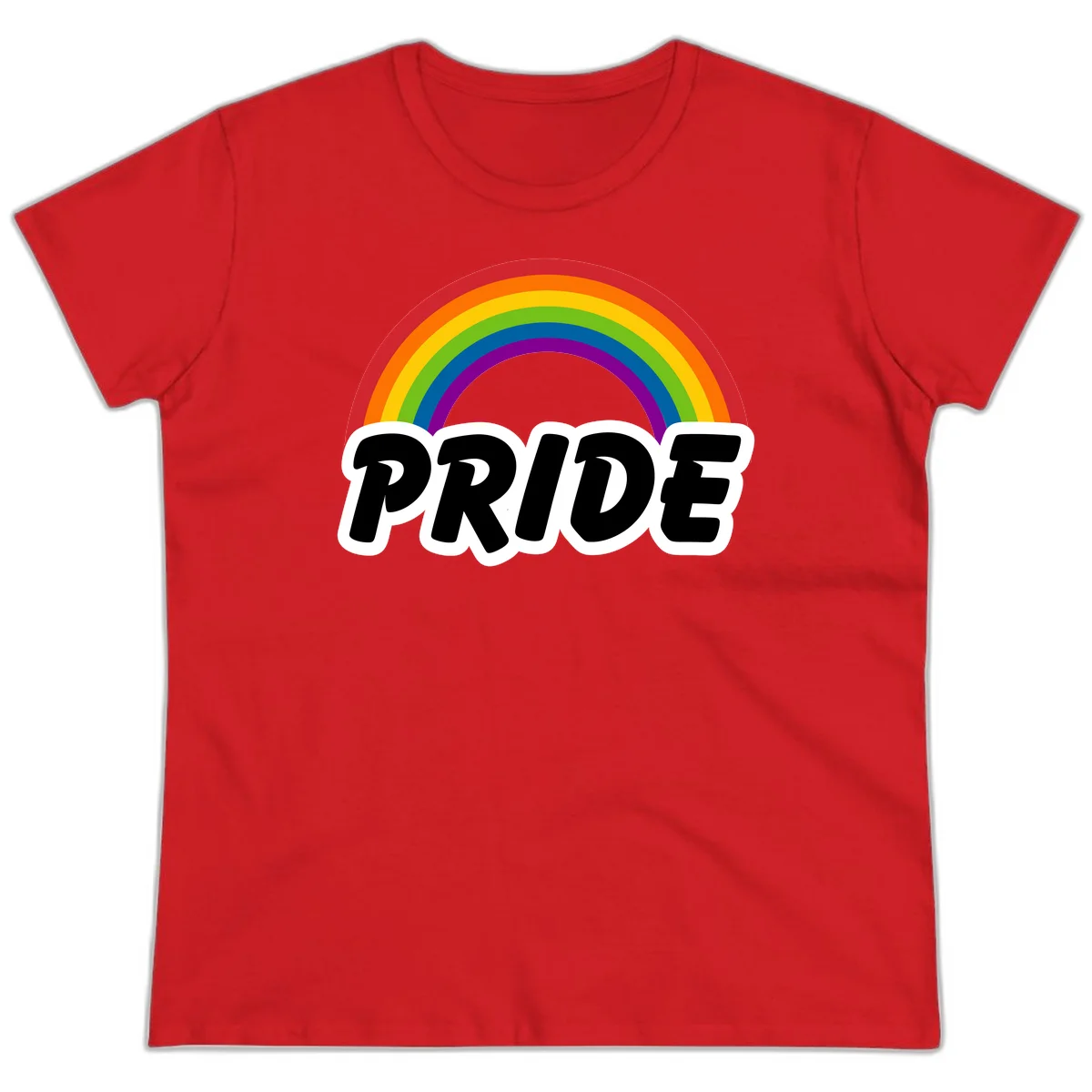Colorful rainbow arc above bold black 'PRIDE' text with white outline on gray background in Red