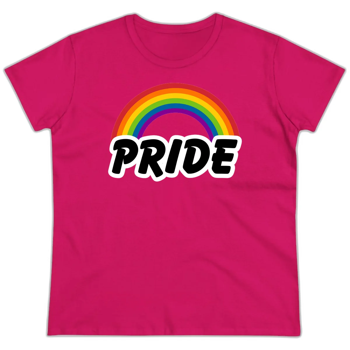 Colorful rainbow arc above bold black 'PRIDE' text with white outline on gray background in Heliconia