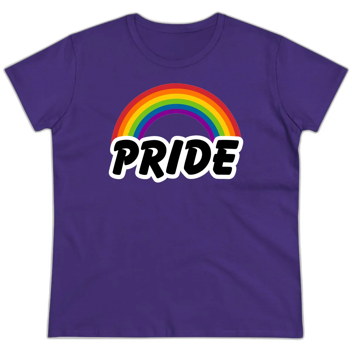 Colorful rainbow arc above bold black 'PRIDE' text with white outline on gray background in Purple