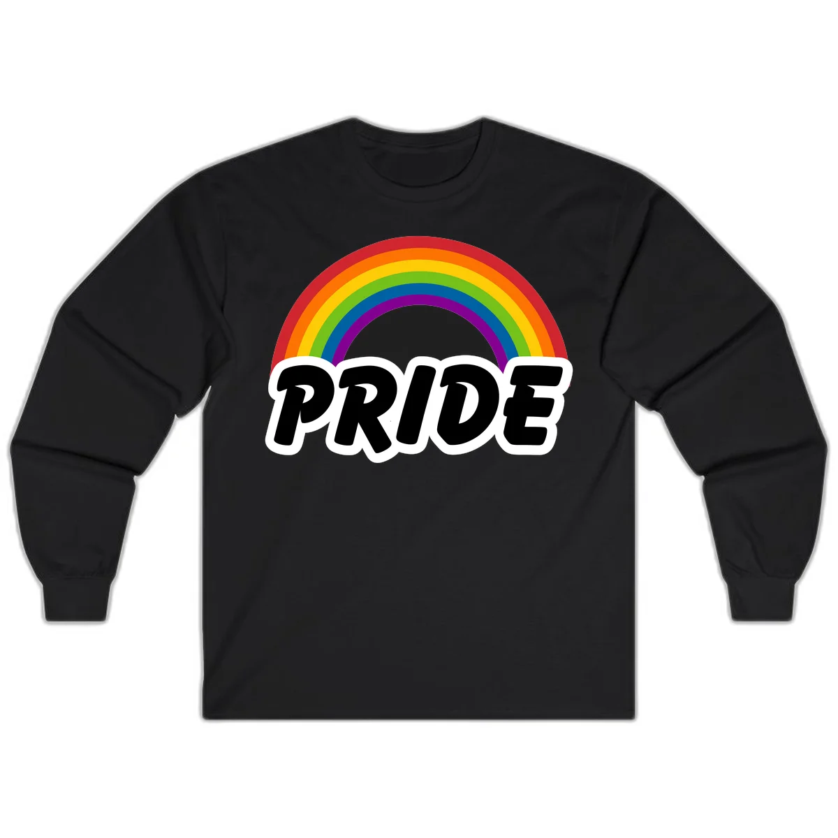Colorful rainbow arc above bold black 'PRIDE' text with white outline on gray background in Black