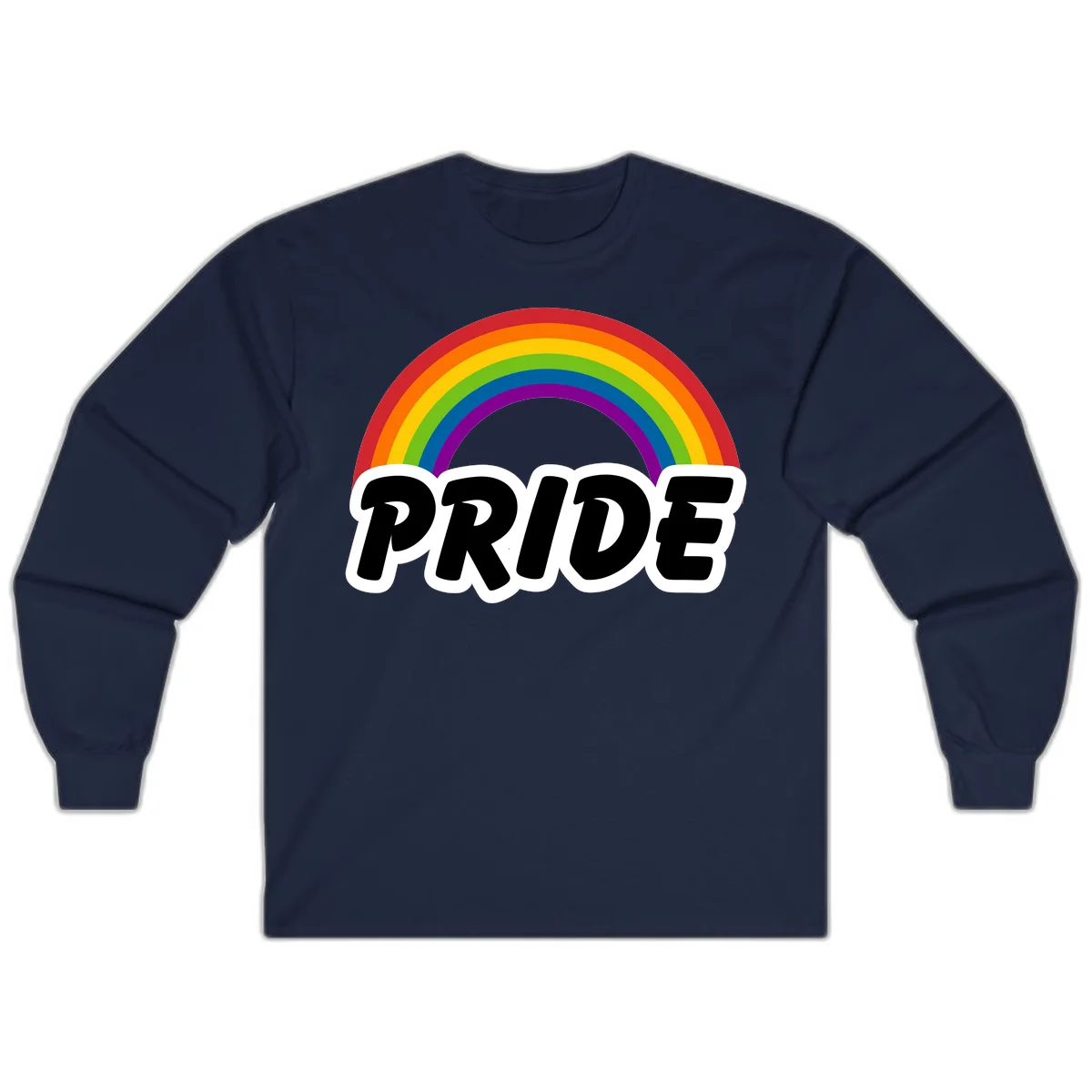 Colorful rainbow arc above bold black 'PRIDE' text with white outline on gray background in Navy