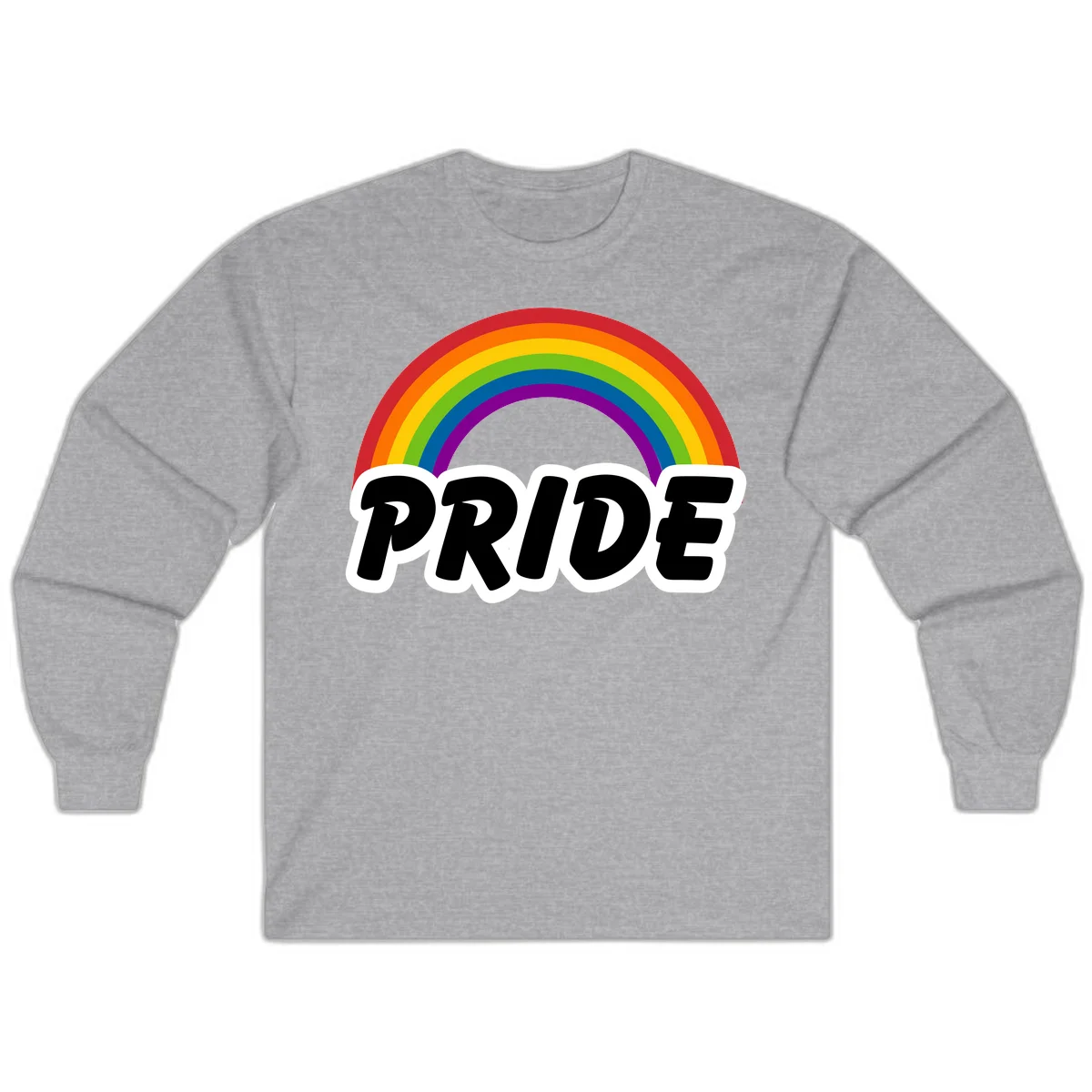 Colorful rainbow arc above bold black 'PRIDE' text with white outline on gray background in Sport Grey