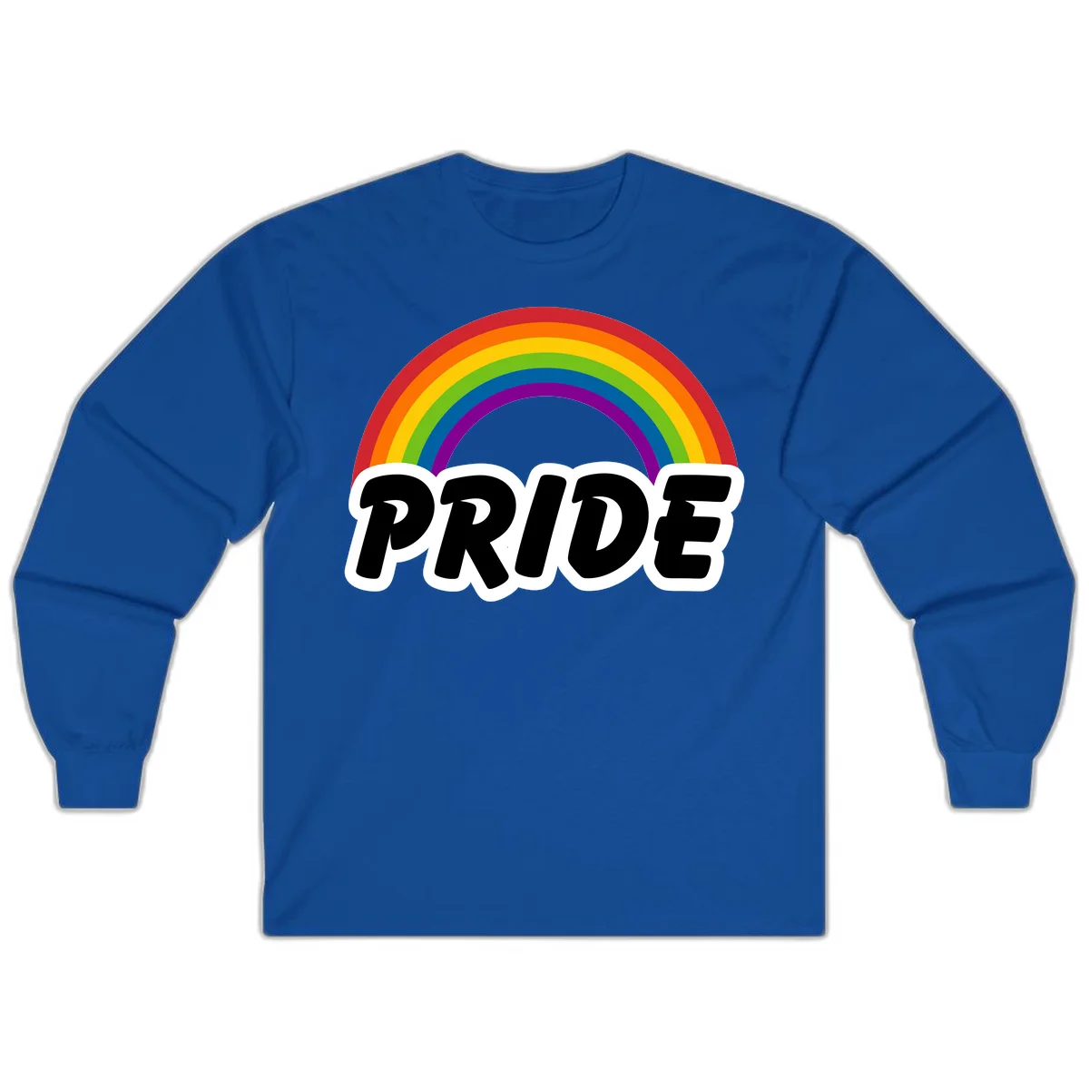 Colorful rainbow arc above bold black 'PRIDE' text with white outline on gray background in Royal