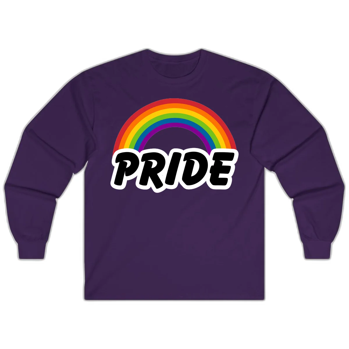 Colorful rainbow arc above bold black 'PRIDE' text with white outline on gray background in Purple