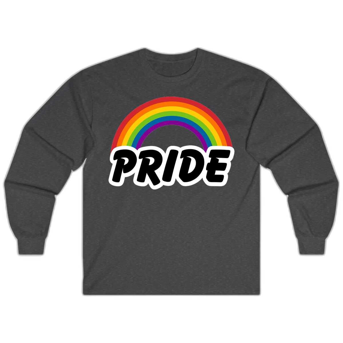 Colorful rainbow arc above bold black 'PRIDE' text with white outline on gray background in Dark Heather