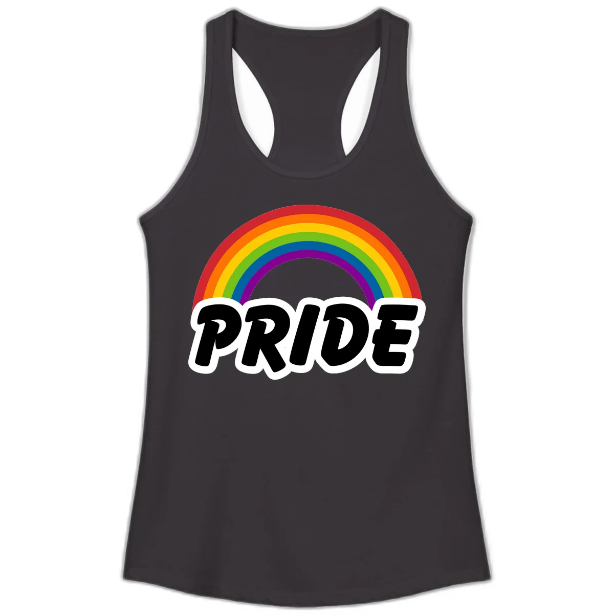 Colorful rainbow arc above bold black 'PRIDE' text with white outline on gray background in Black