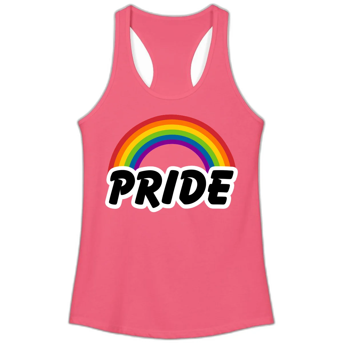 Colorful rainbow arc above bold black 'PRIDE' text with white outline on gray background in Hot Pink