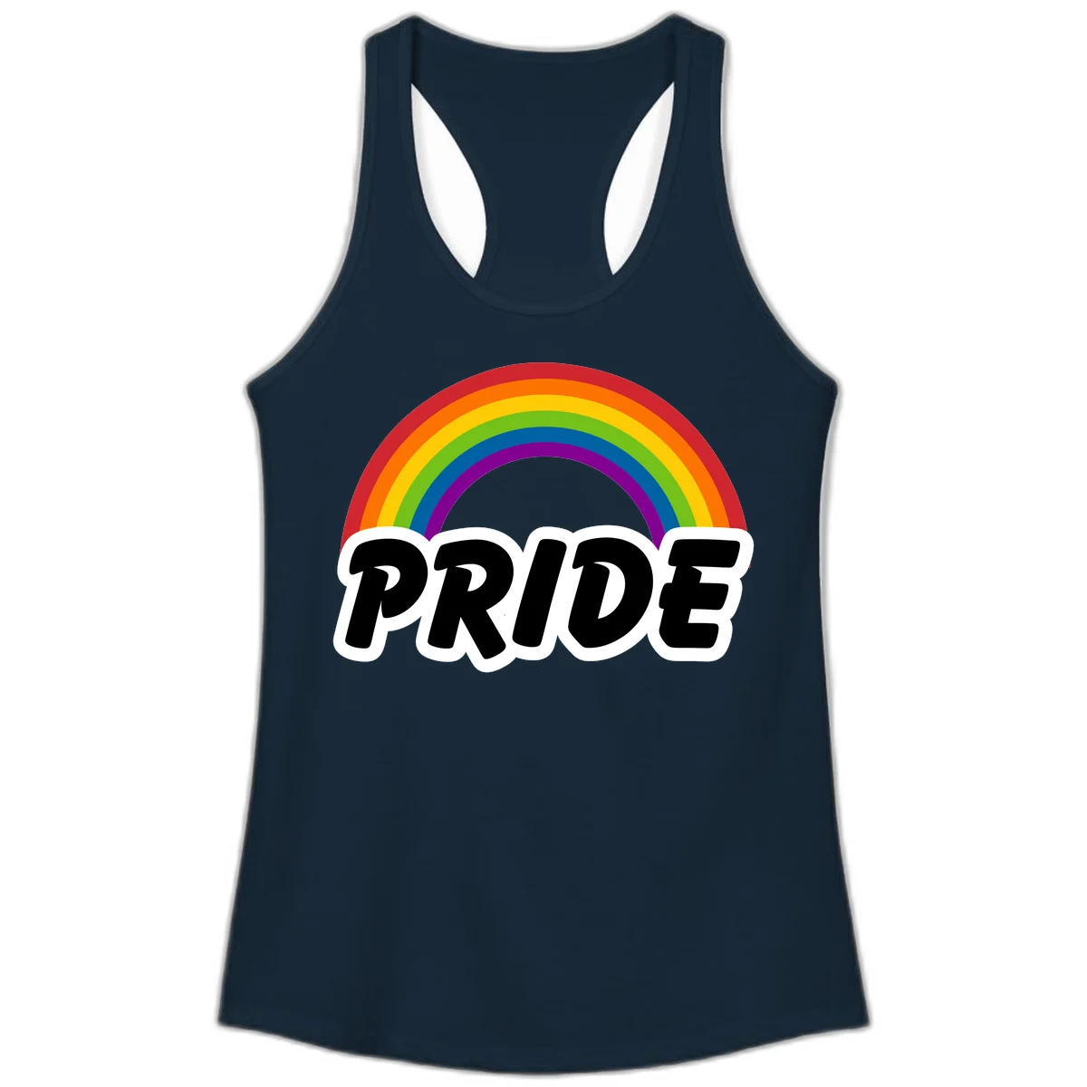 Colorful rainbow arc above bold black 'PRIDE' text with white outline on gray background in Solid Midnight Navy