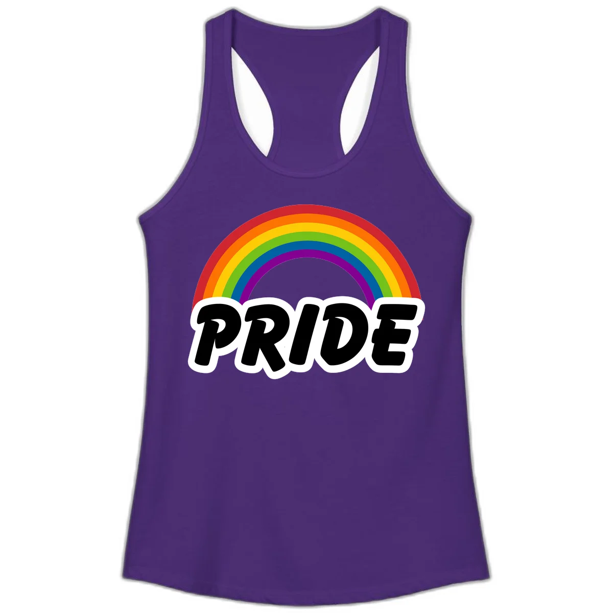 Colorful rainbow arc above bold black 'PRIDE' text with white outline on gray background in Solid Purple Rush