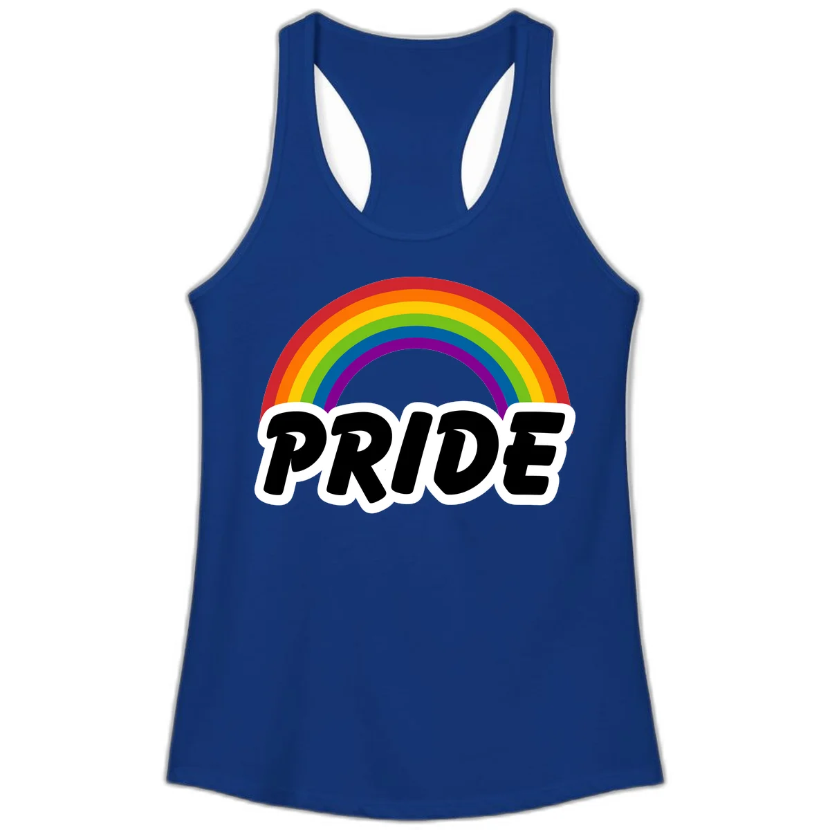 Colorful rainbow arc above bold black 'PRIDE' text with white outline on gray background in Solid Royal