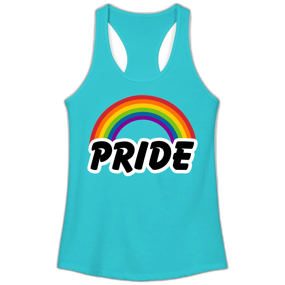 Colorful rainbow arc above bold black 'PRIDE' text with white outline on gray background in Solid Tahiti Blue