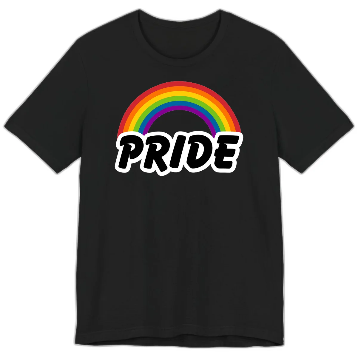 Colorful rainbow arc above bold black 'PRIDE' text with white outline on gray background in Black