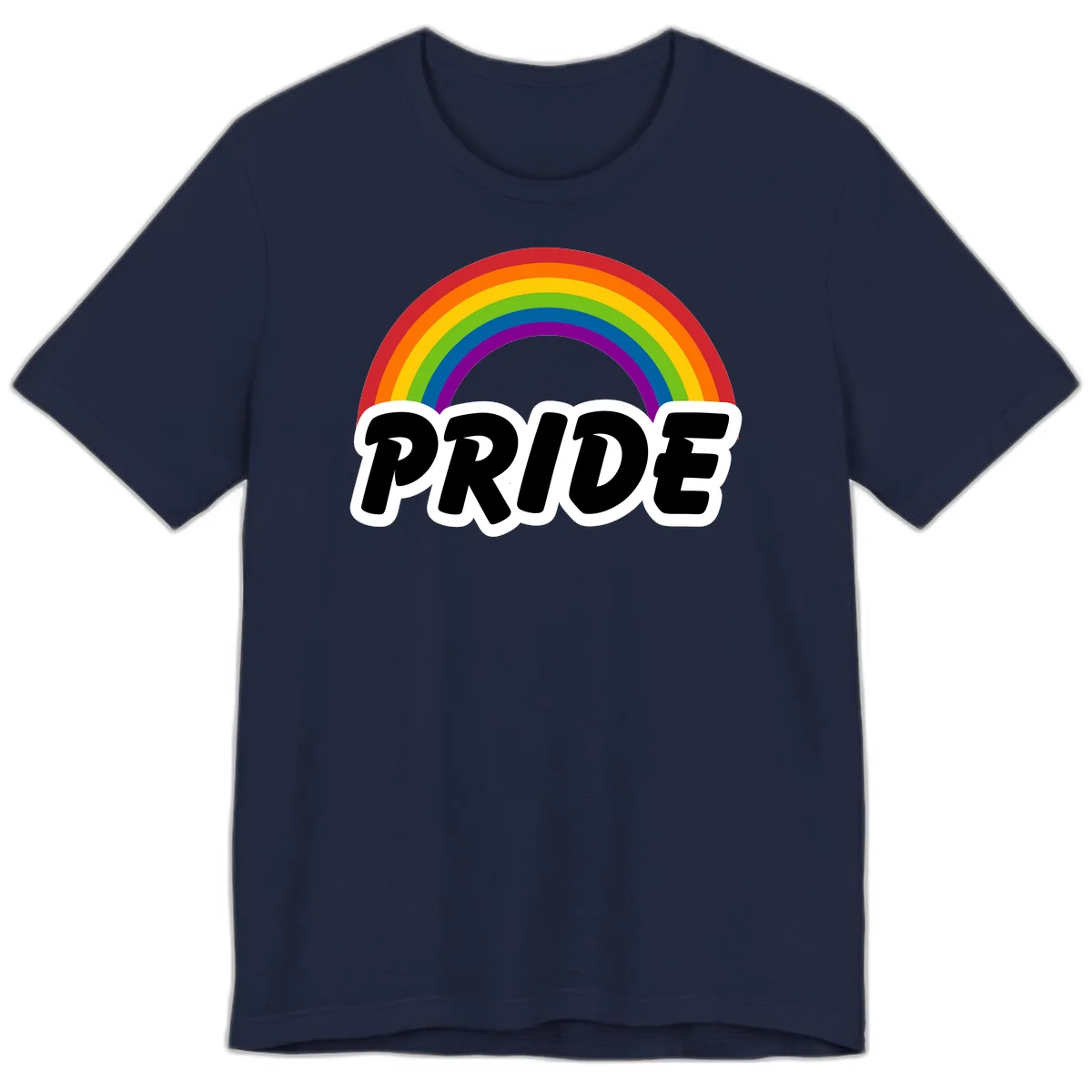 Colorful rainbow arc above bold black 'PRIDE' text with white outline on gray background in Navy