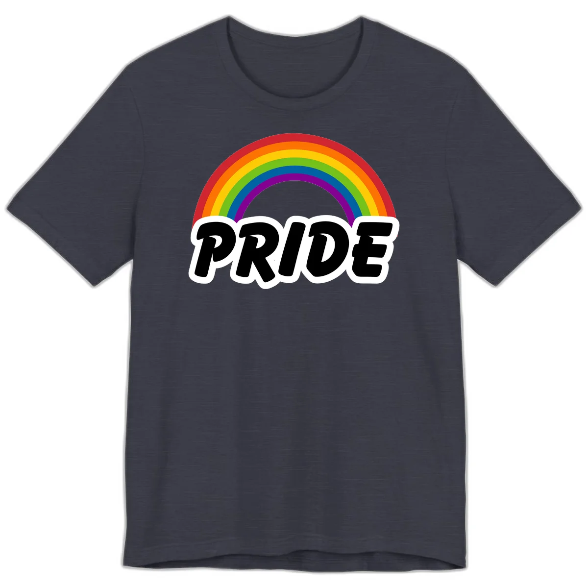 Colorful rainbow arc above bold black 'PRIDE' text with white outline on gray background in Heather Midnight Navy