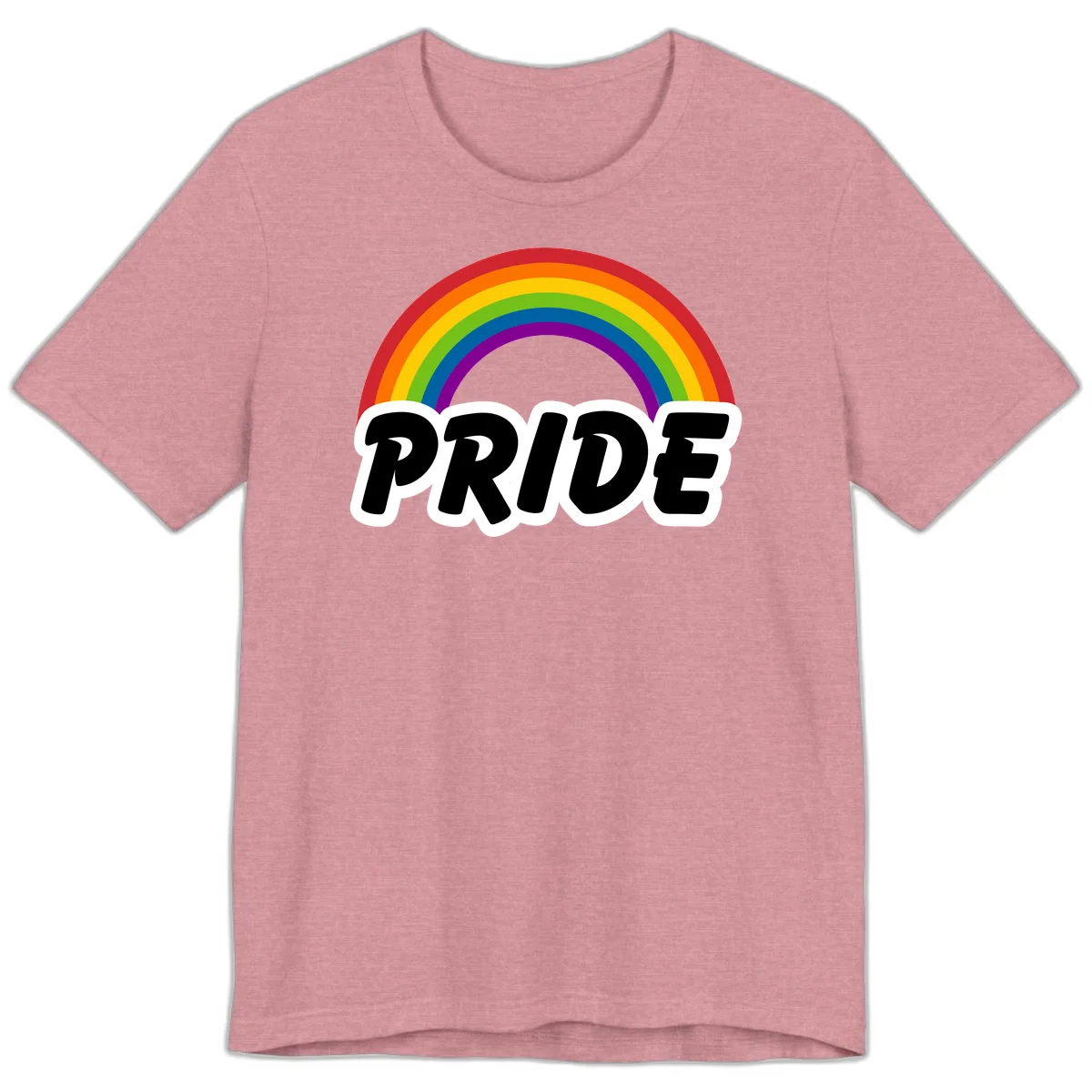 Colorful rainbow arc above bold black 'PRIDE' text with white outline on gray background in Heather Orchid