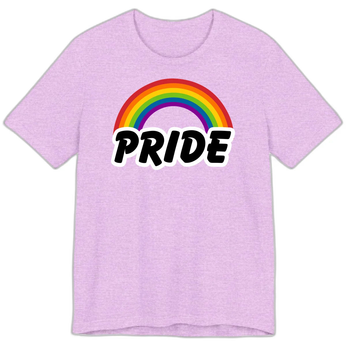 Colorful rainbow arc above bold black 'PRIDE' text with white outline on gray background in Heather Prism Lilac