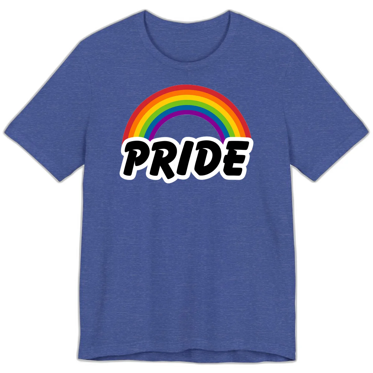 Colorful rainbow arc above bold black 'PRIDE' text with white outline on gray background in Heather True Royal