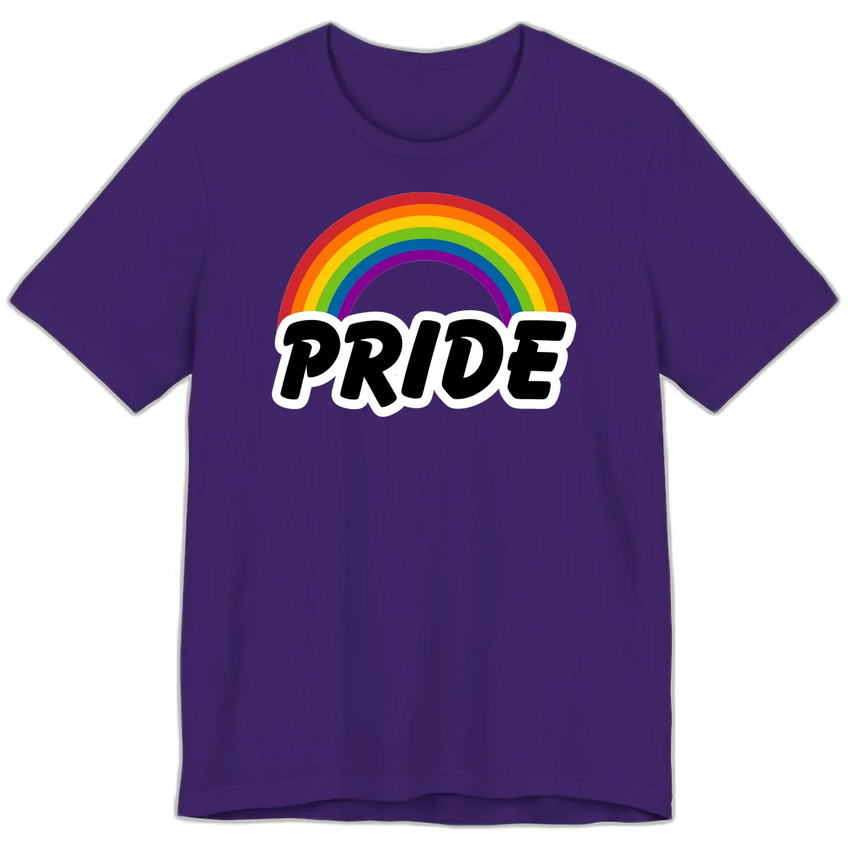Colorful rainbow arc above bold black 'PRIDE' text with white outline on gray background in Team Purple