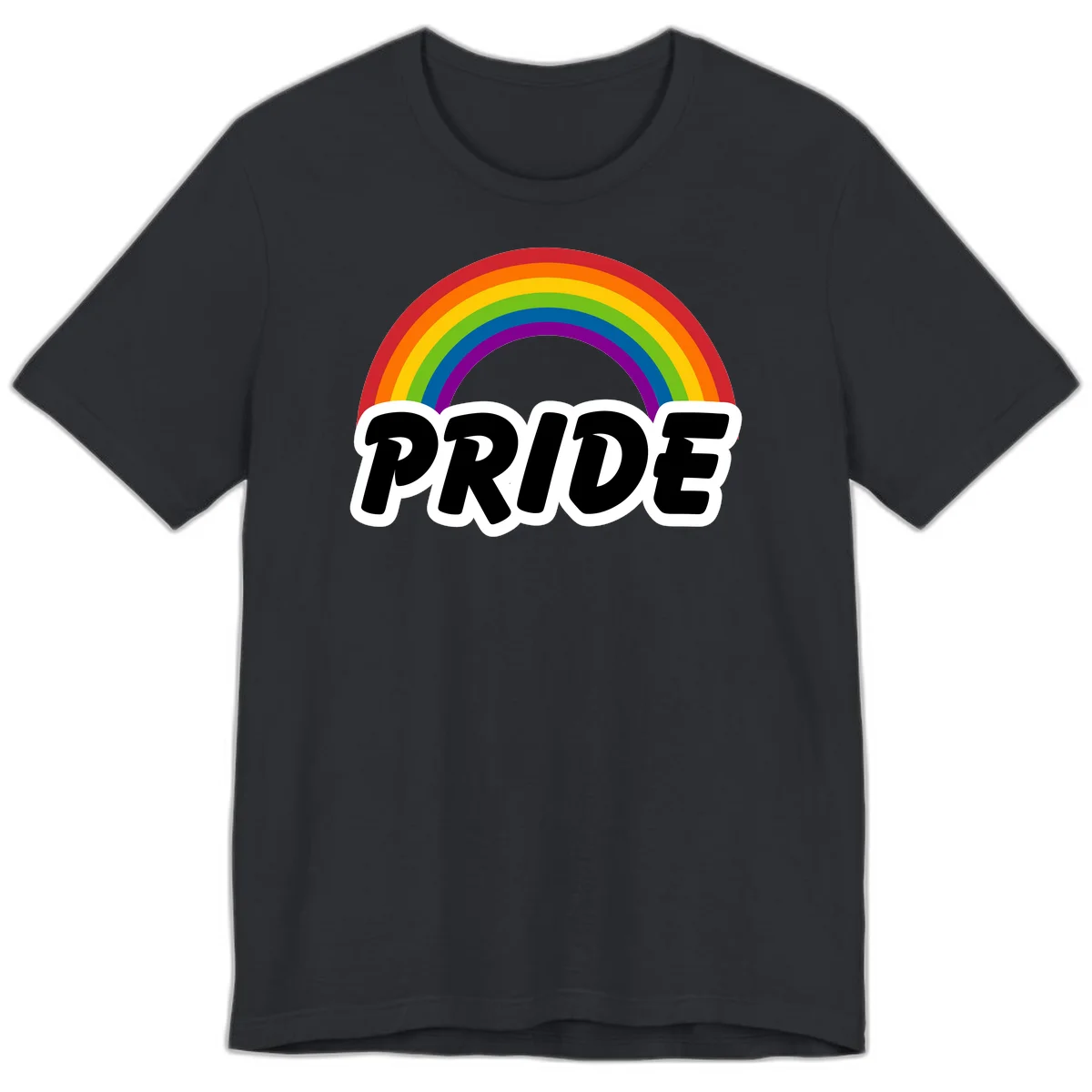 Colorful rainbow arc above bold black 'PRIDE' text with white outline on gray background in Vintage Black