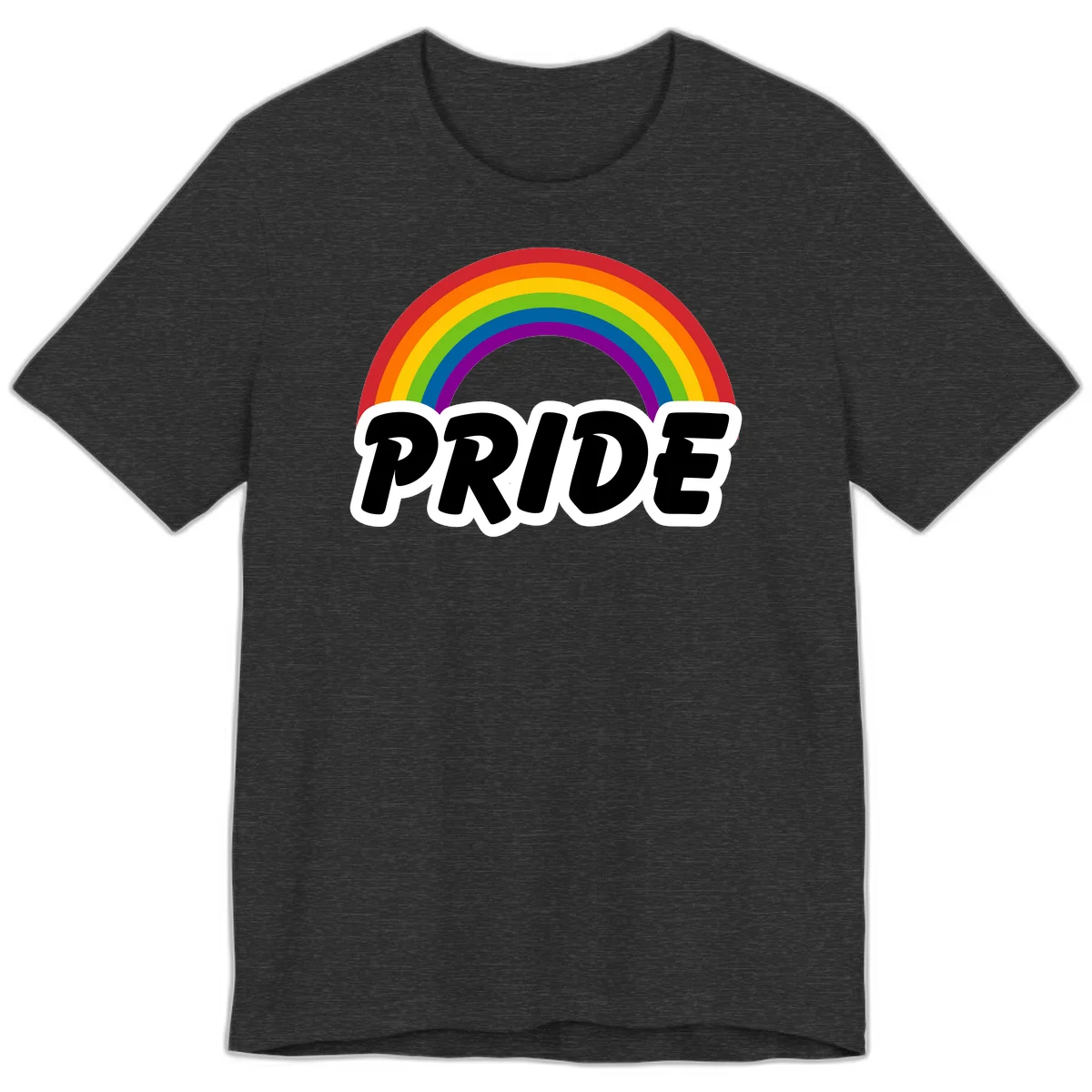 Colorful rainbow arc above bold black 'PRIDE' text with white outline on gray background in Dark Grey Heather