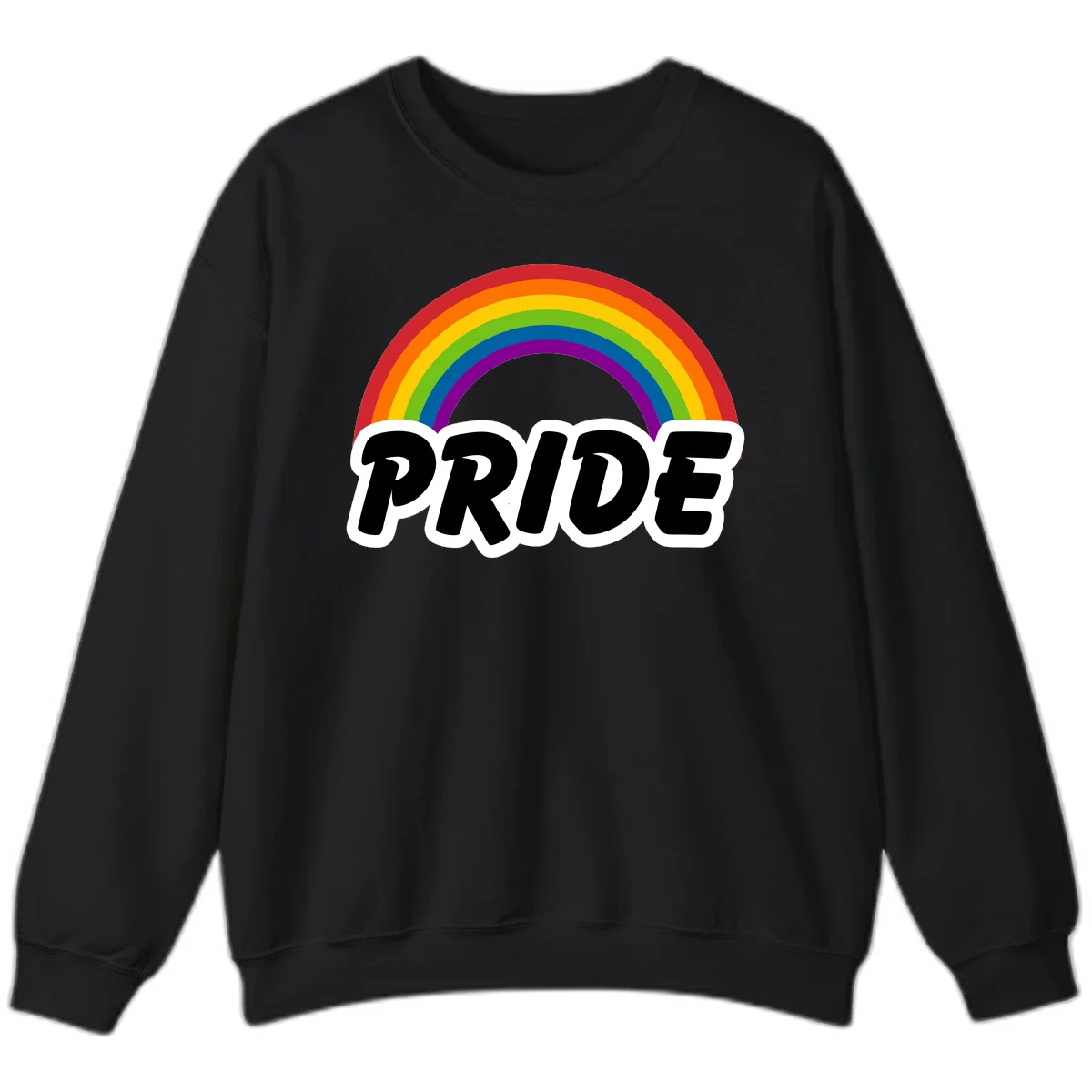 Colorful rainbow arc above bold black 'PRIDE' text with white outline on gray background in Black