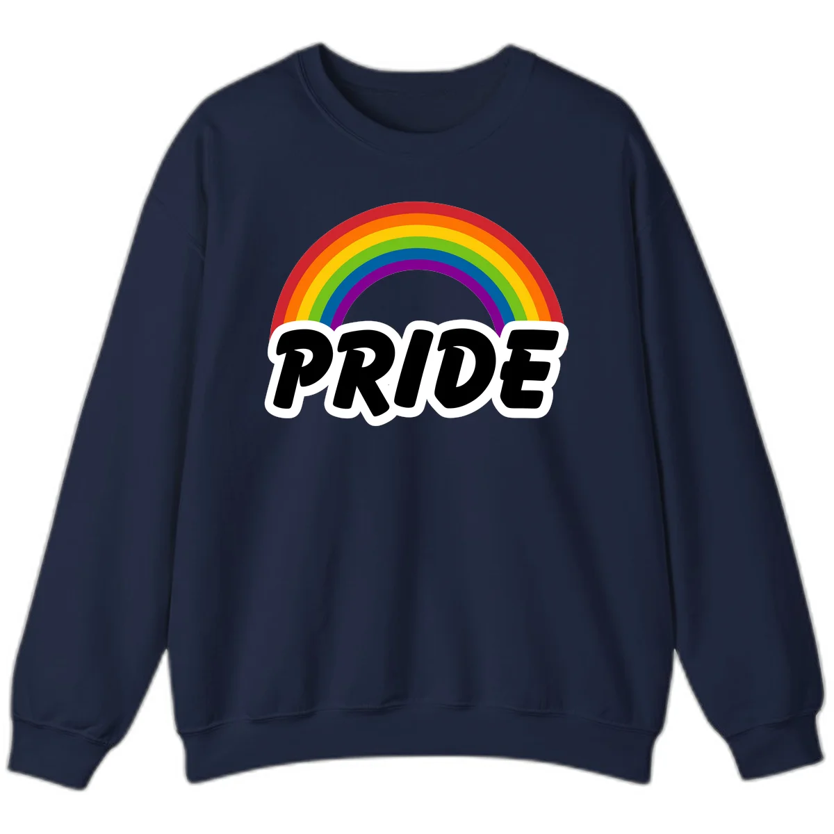 Colorful rainbow arc above bold black 'PRIDE' text with white outline on gray background in Navy