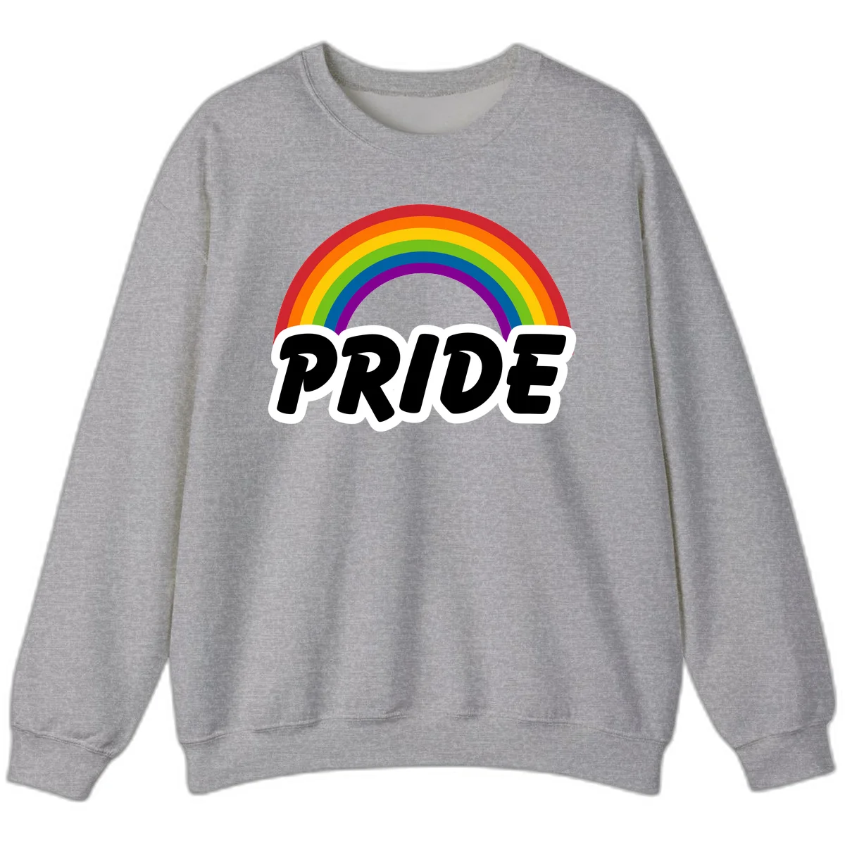 Colorful rainbow arc above bold black 'PRIDE' text with white outline on gray background in Sport Grey