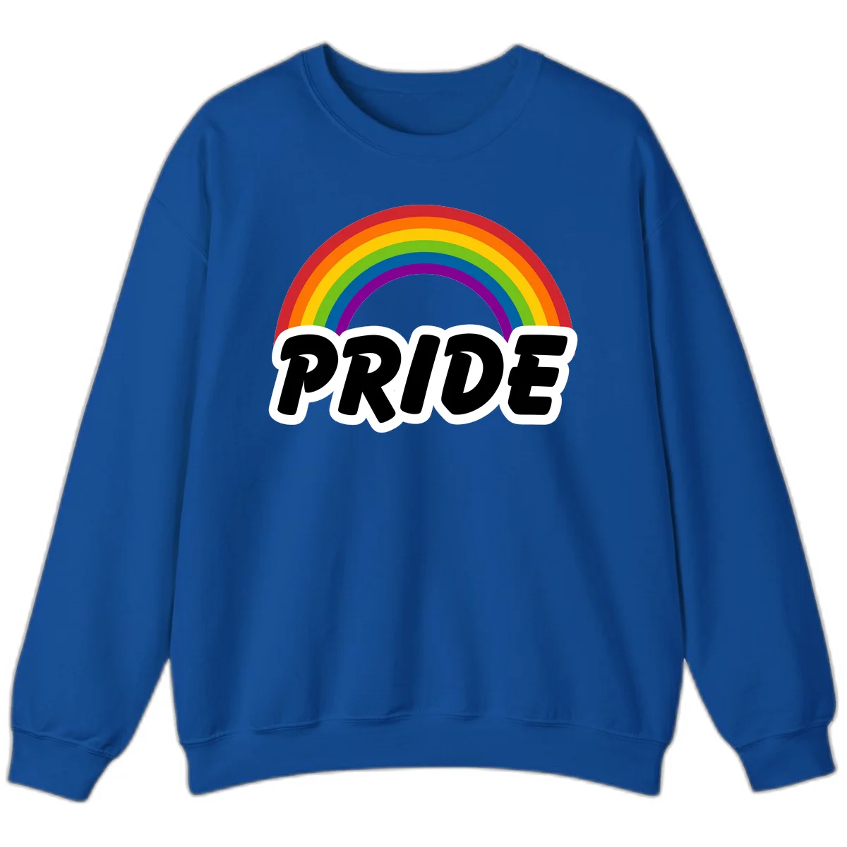 Colorful rainbow arc above bold black 'PRIDE' text with white outline on gray background in Royal
