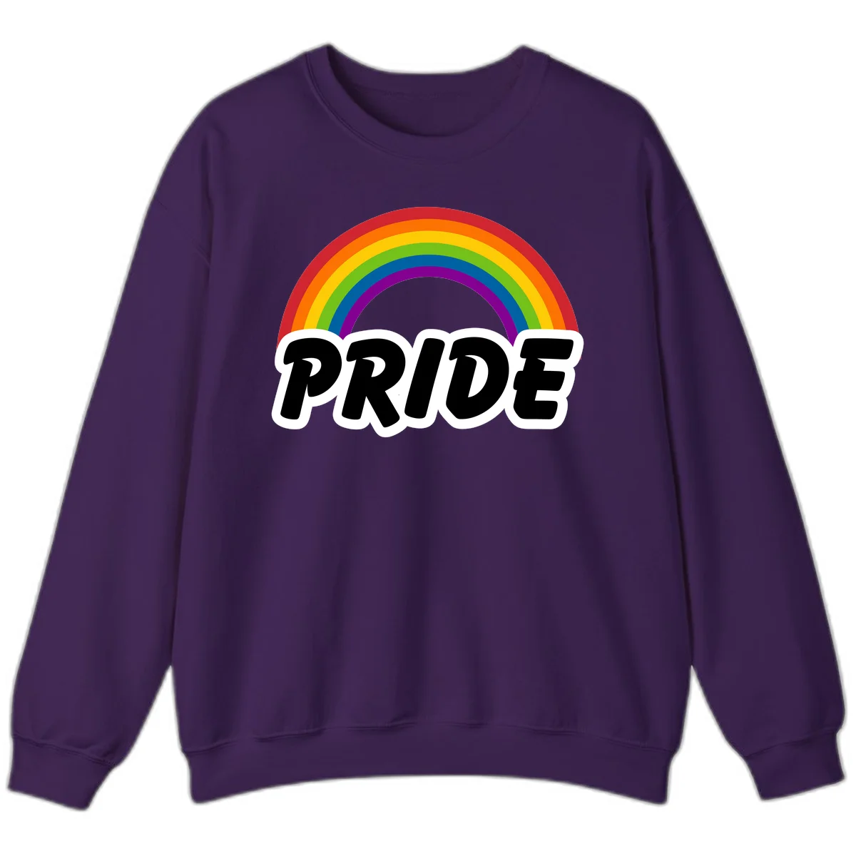 Colorful rainbow arc above bold black 'PRIDE' text with white outline on gray background in Purple
