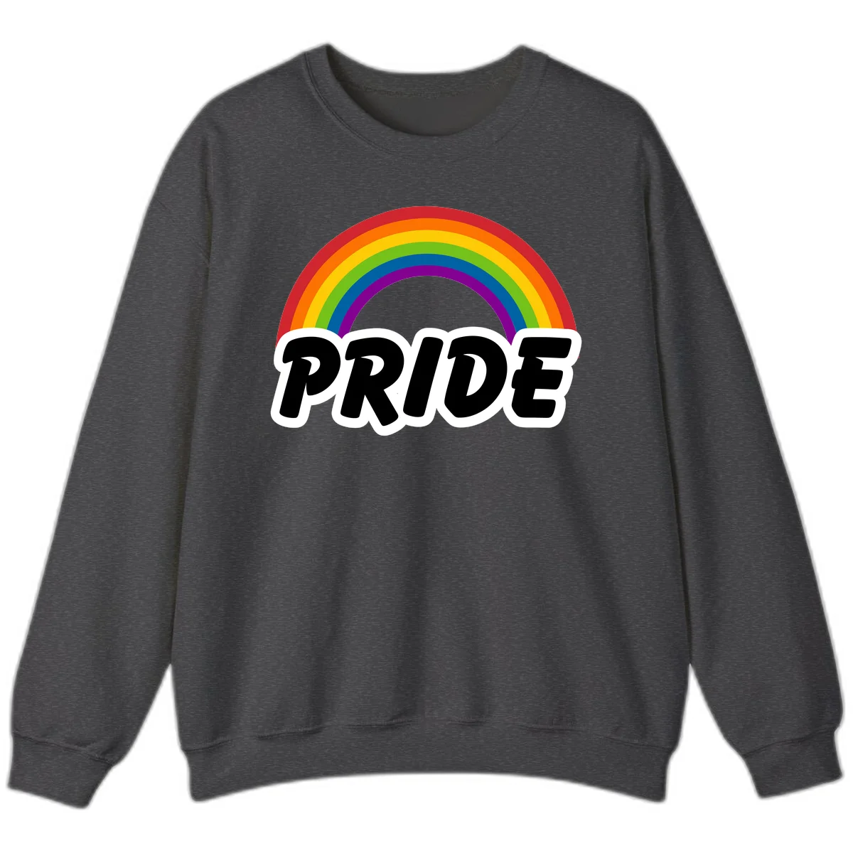 Colorful rainbow arc above bold black 'PRIDE' text with white outline on gray background in Dark Heather