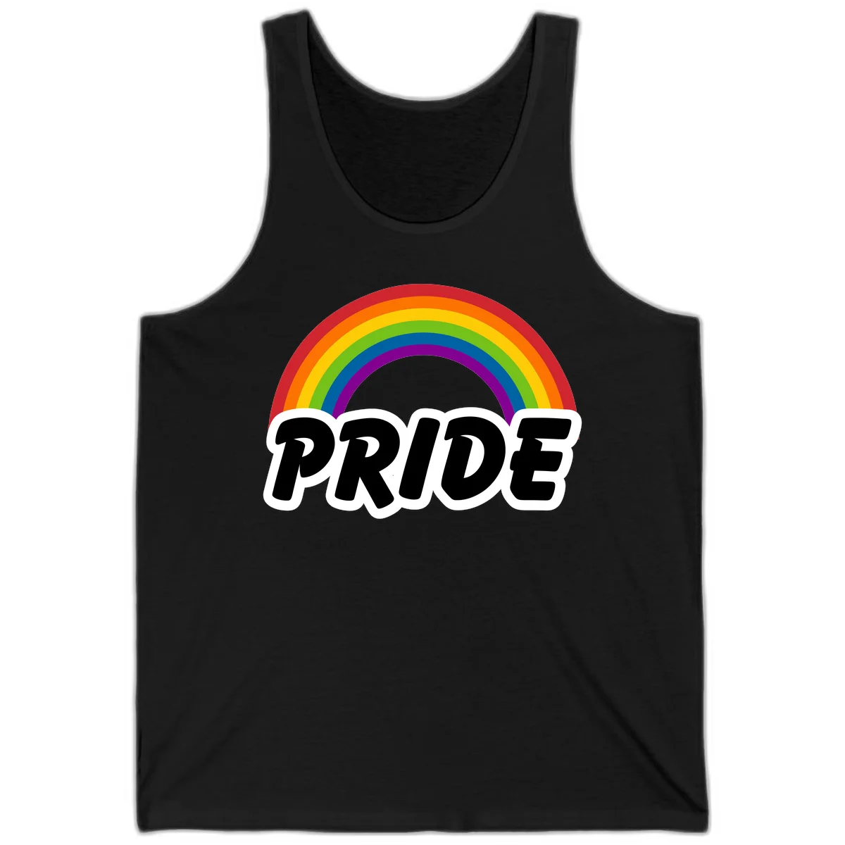 Colorful rainbow arc above bold black 'PRIDE' text with white outline on gray background in Black