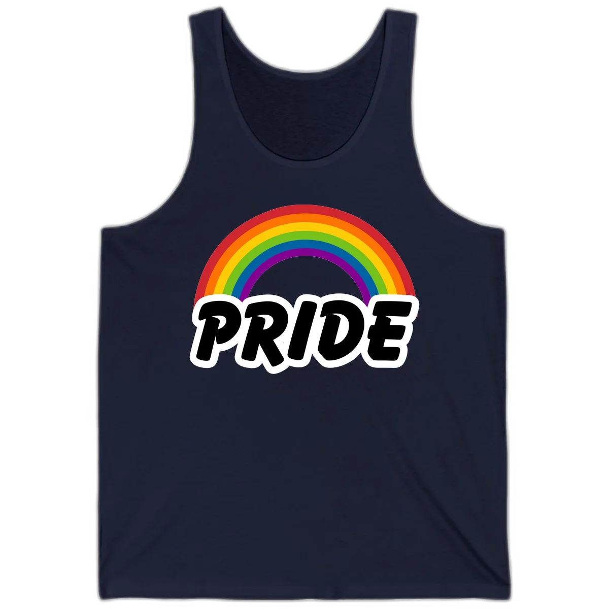Colorful rainbow arc above bold black 'PRIDE' text with white outline on gray background in Navy