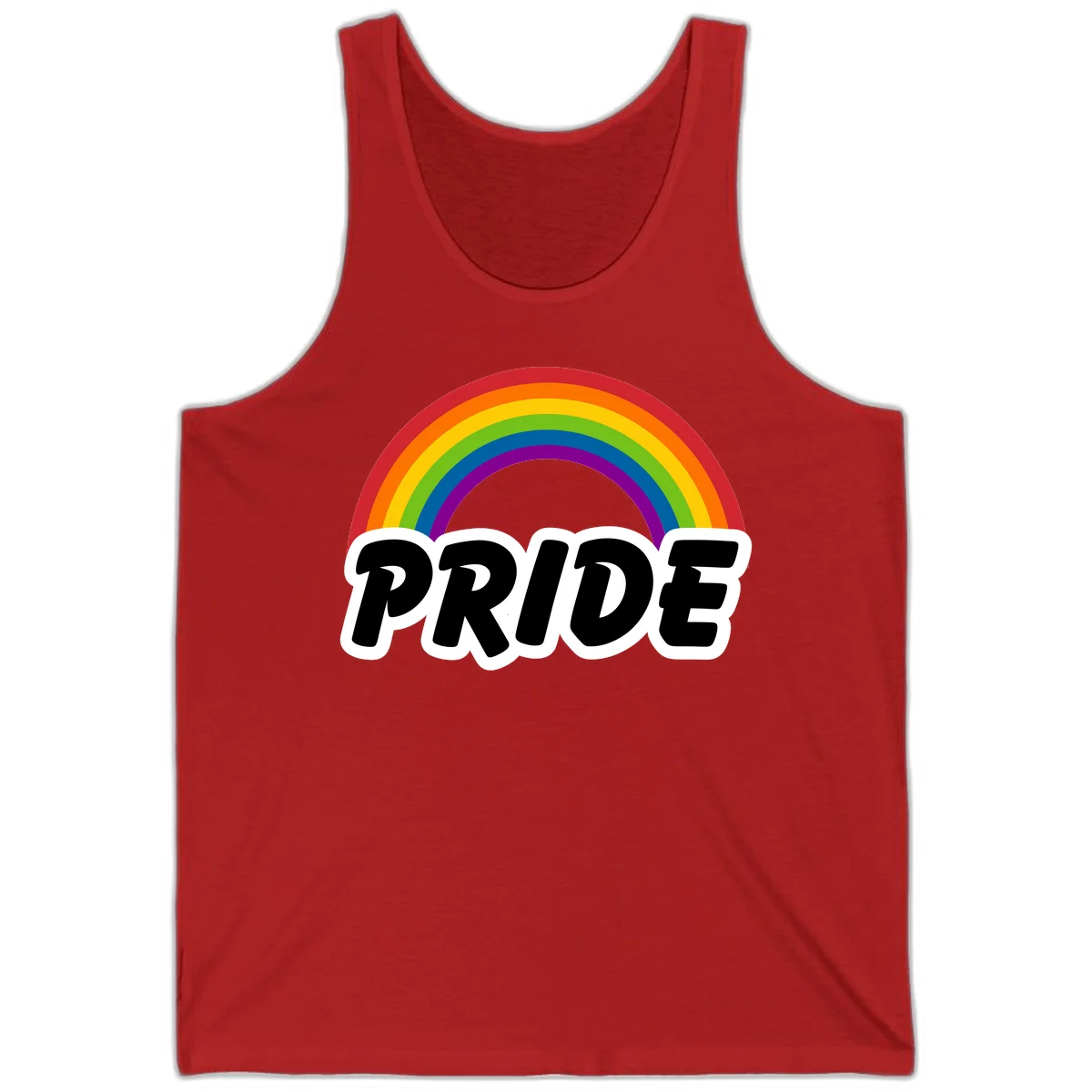Colorful rainbow arc above bold black 'PRIDE' text with white outline on gray background in Red