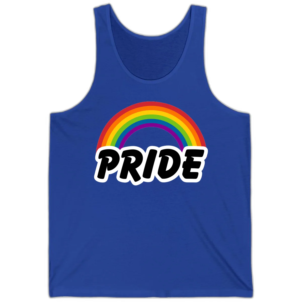 Colorful rainbow arc above bold black 'PRIDE' text with white outline on gray background in True Royal