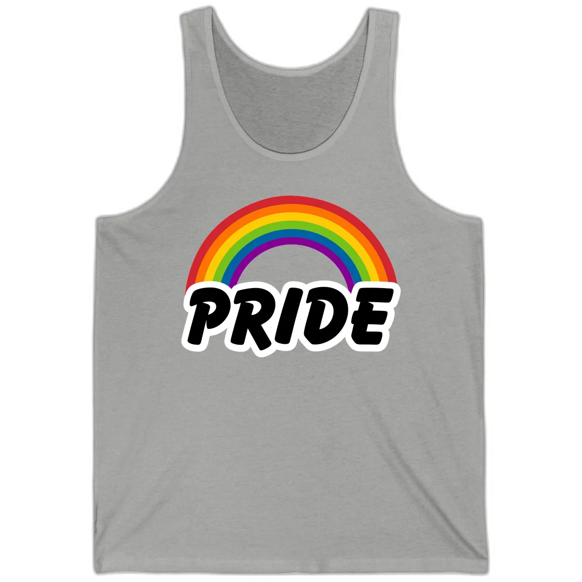 Colorful rainbow arc above bold black 'PRIDE' text with white outline on gray background in Athletic Heather