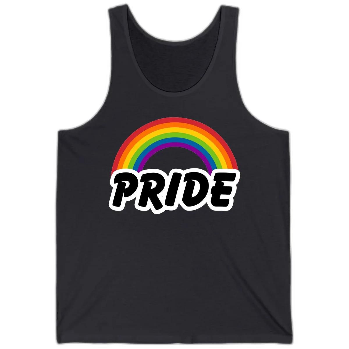 Colorful rainbow arc above bold black 'PRIDE' text with white outline on gray background in Dark Grey