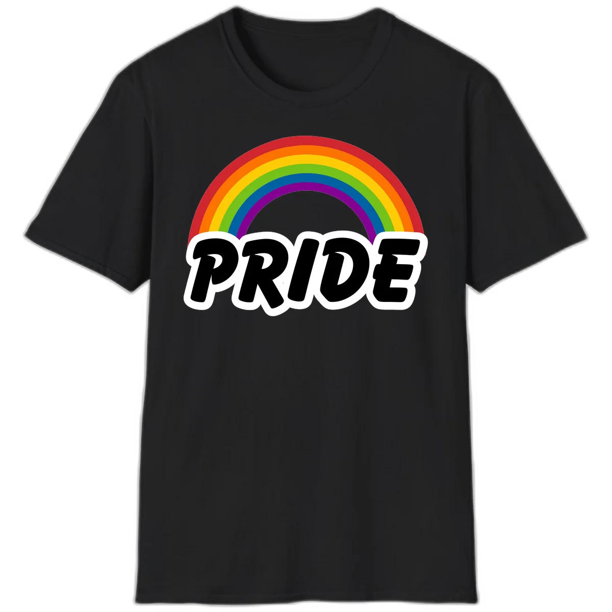 Colorful rainbow arc above bold black 'PRIDE' text with white outline on gray background in Black