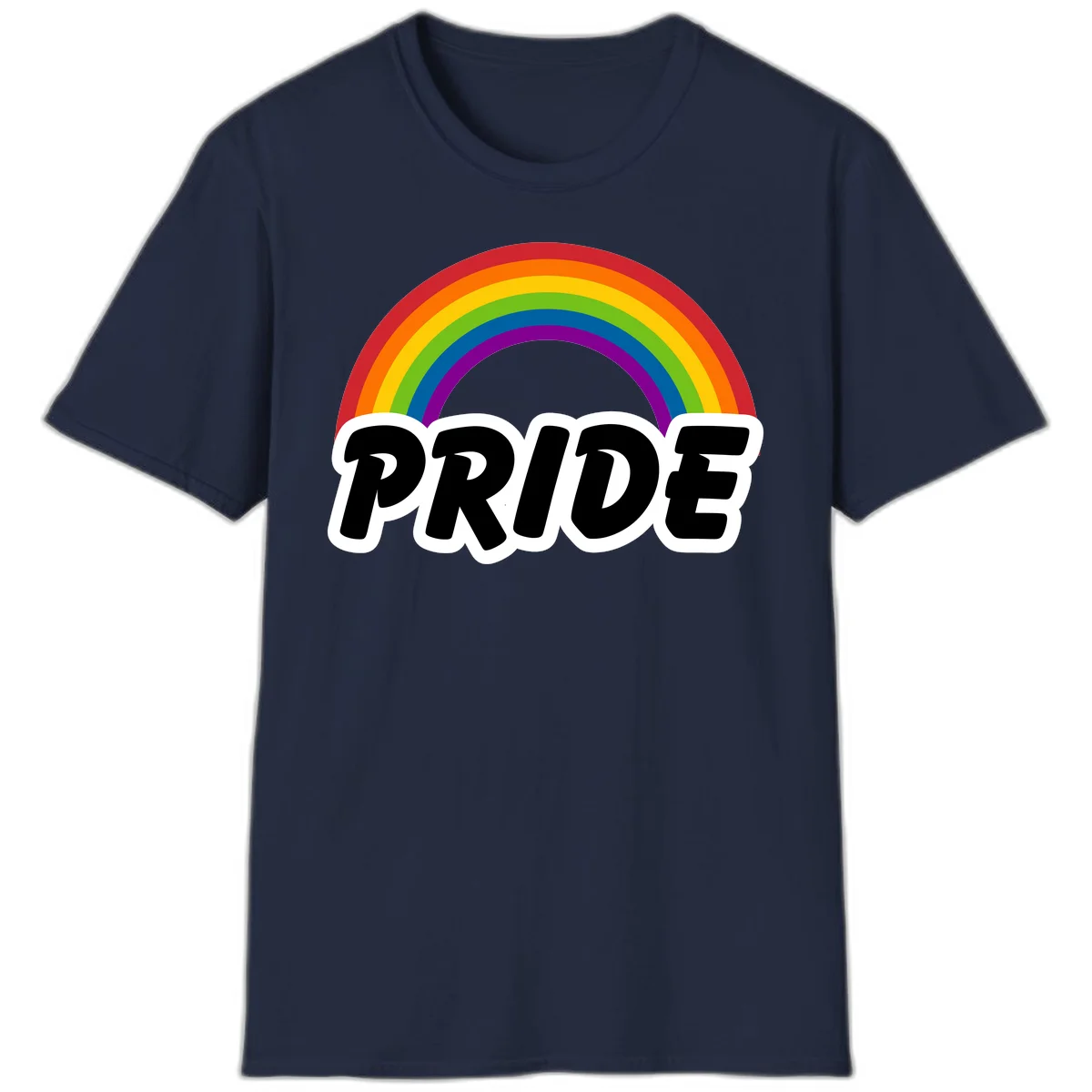 Colorful rainbow arc above bold black 'PRIDE' text with white outline on gray background in Navy