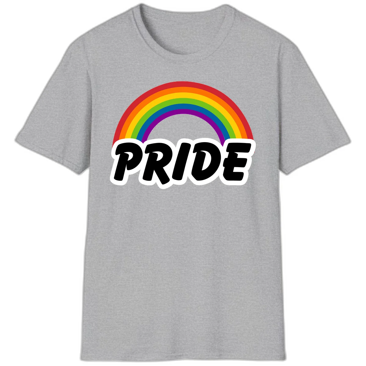 Colorful rainbow arc above bold black 'PRIDE' text with white outline on gray background in Sport Grey