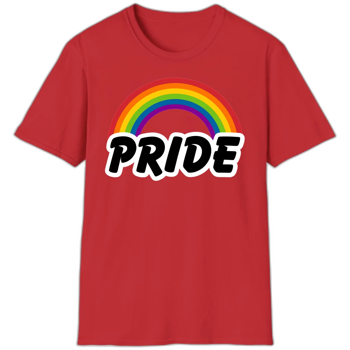 Colorful rainbow arc above bold black 'PRIDE' text with white outline on gray background in Red